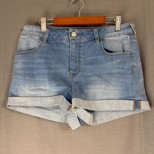 PacSun Mid Rise Super Stretch Shortie Denim Shorts Womens Sz 30 Cuff Medium Wash